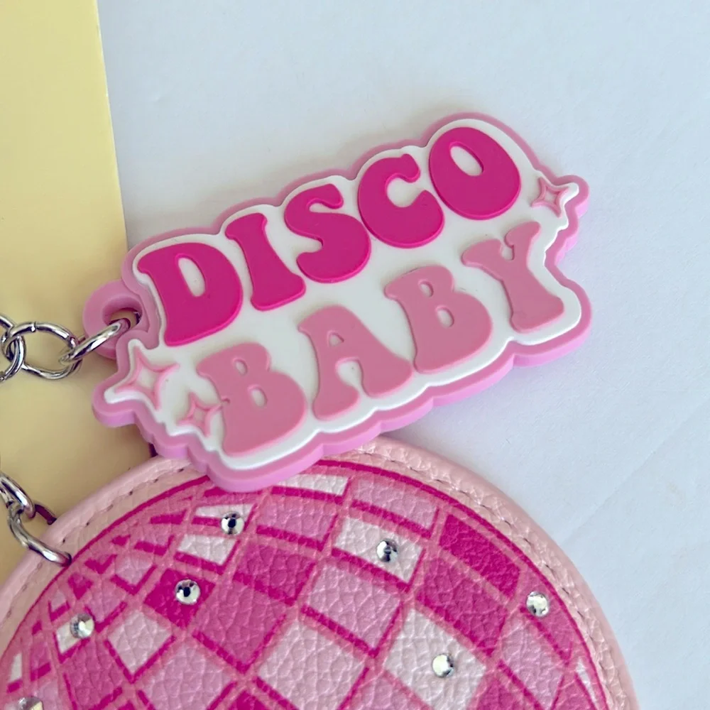 Pink Disco Baby pop art Handbag Charm/Keychain with furry Pom Poms